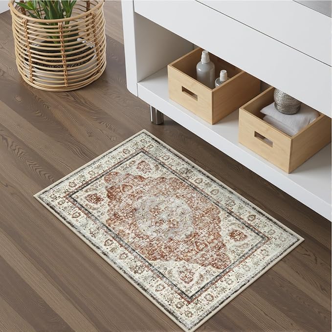 Uphome Orange Bath Mat, Distressed Farmhouse Boho Bathroom Rugs, Super Cozy Velvet Small Bathroom Mats, Non Slip Machine Washable Bathroom Floor Mat for Toilet Sink Shower, 18x26 inch