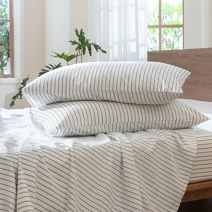 MooMee Striped Duvet Cover Set 100% Washed Cotton Linen Like Textured Breathable Durable Soft Comfy (White Heathered Green Wide Stripes, Twin 68"x90")