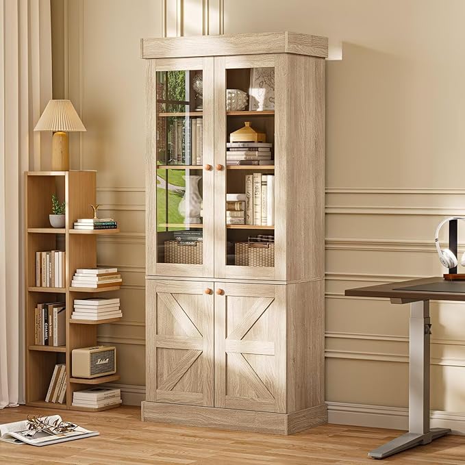 Vyre 71" Tall Farmhouse Bookshelves with Glass Doors and Drawers, Set of 2 – Large Modular Bookcase with Adjustable Shelves, Storage Cabinet for Living Room, Kitchen, Brown