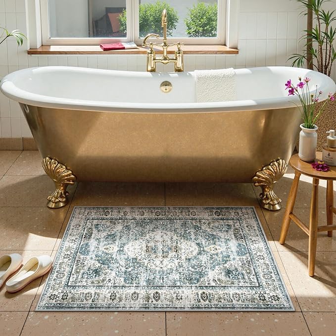 Uphome Boho Bathroom Rugs, Distressed Farmhouse Blue Bath Mat, Comfy Velvet Small Bath Rugs Non Slip Washable, Vintage Oriental Toilet Rug for Sink Shower Vanity, 20x32 inch