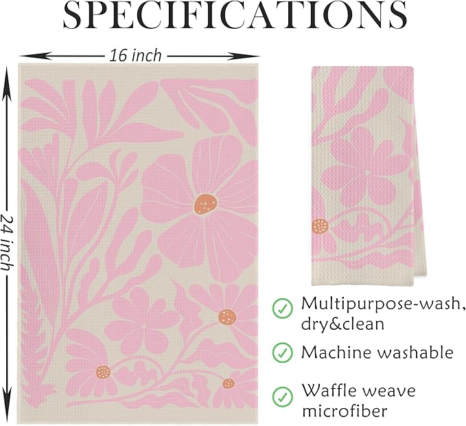 Boho Floral Dish Towels Vintage Abstract Flowers Waffle Weave Kitchen Towels Pink Flower