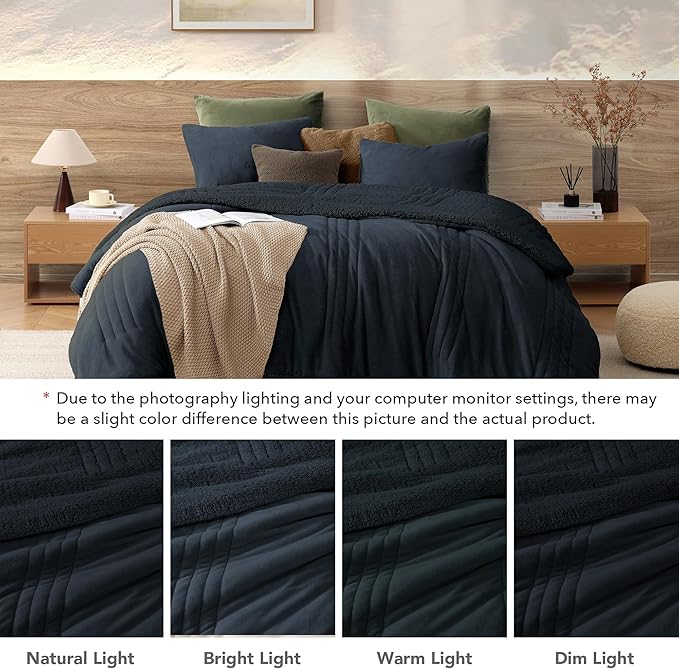 Monbix Fluffy Queen Comforter Set Navy Blue, Sherpa Plush Fuzzy Comforter 3 Piece for Queen Size Bed, Luxury Soft Winter Warm Bedding Set