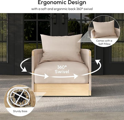 homary Outdoor Hand-Woven Rope Swivel Chair, 360 Degree Swivel Patio Chair, Hand-Woven Rope Outdoor Chair with Rainproof Cushion and Aluminum Frame for Garden, Balcony, Indoor, Khaki