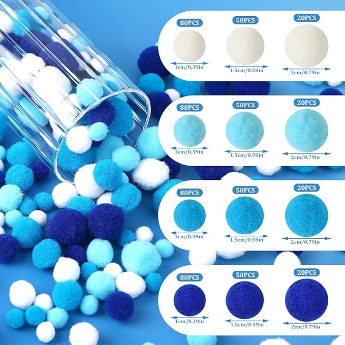 UPINS Blue Pom Poms Balls, 600 Pieces Pom Poms Mixed Sizes Pompoms for Chanukah Christmas Winter Summer Holiday Party Crafts Making DIY Holiday Decorations Supplies (4 Colors,3 Size)