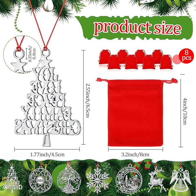 Zhengmy 8 Pieces Christmas Ornaments 2025 Solid Pewter Christmas Tree Ornament Metal Gnomes Santa Angel Snowman Hanging Craft Xmas Gifts with Red Bags(Classic)