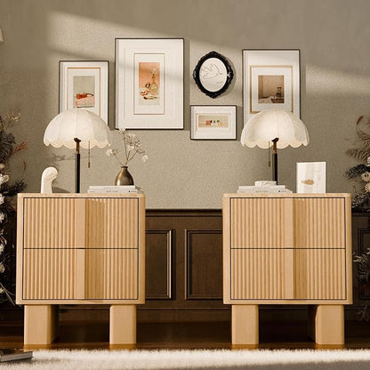 Fluted Night Stand Set 2 with Charging Station, 22" Tall END Table with 2 Large Storage Drawers and 2 Widened Reinforced Legs, Modern Bedside Table for Bedroom, Living Room, Light Oak, 2