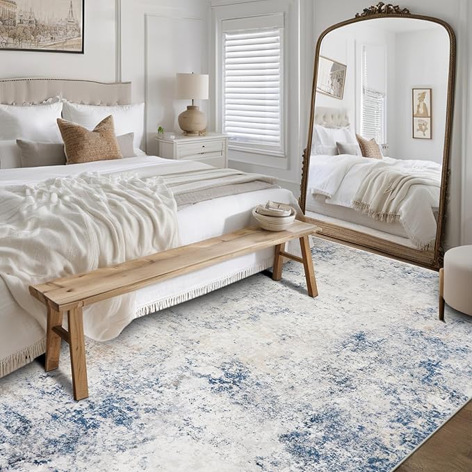 Washable Rugs 8x10 Area Rugs for Living Room,Modern Abstract Rugs for Bedroom,Large Carpets,Ultra Soft Faux Wool Retro Dining Room Rug,Non Slip&Non-Shedding Low Pile Print Rug- Blue Beige