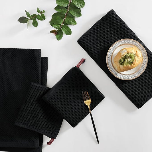 Homaxy 100% Cotton Kitchen Towels and Dishcloths Set, 12 x 12 Inches and 13 x 28 Inches, Set of 8 Bulk Kitchen Towels Set, Ultra Soft Absorbent Dish Cloths for Washing Dishes, Black