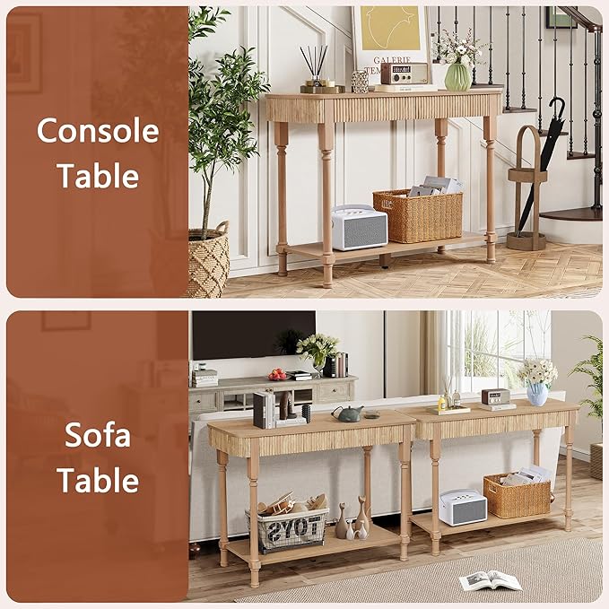 43.3'' Fluted Console Table for Entryway, Narrow Entryway Tables with 2 Wooden Drawers, Retro Sofa Table Behind Couch Accent Tables for Foyer, Living Room, Hallway (Natural)