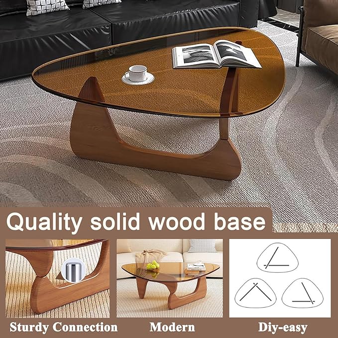 Mid Century Modern Glass Coffee Table, Coffee Table for Living Room, Elegant and Functional Coffee Tables,Suitable for Bedroom Living Room Reception Office Tables（Walnut/Brown，Large）