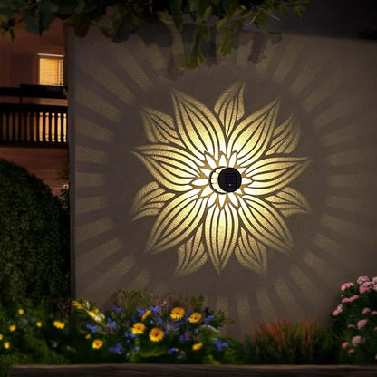 Solar Fence Lights 2 Pack Outdoor Deck Step Wall Lights Metal Waterproof LED Warm Yellow Light for Garden Post Patio Backyard Yard Decor (Flower, 2)