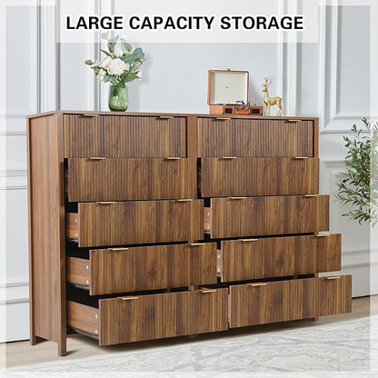 5 Drawer Double Dresser for Bedroom, Modern Wide Chest of Drawers with Fluted Panel Design,Wood Storage Dressers Chest of Drawers for Bedroom Living Room Hallway Closet,Walnut,2 Sets