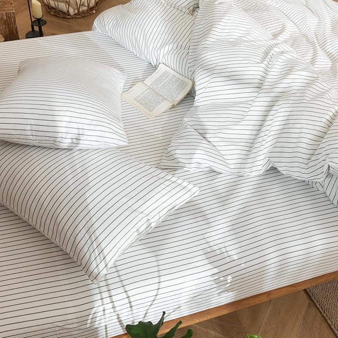 MooMee Striped Duvet Cover Set 100% Washed Cotton Linen Like Textured Breathable Durable Soft Comfy (White Heathered Green Wide Stripes, Super King 108"x98")