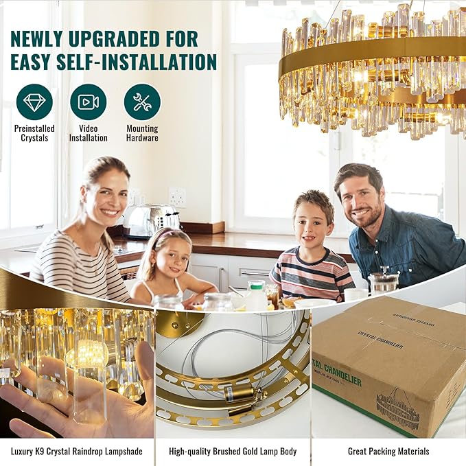 Siljoy 20-Light Modern Crystal Chandeliers, Large Brushed Gold 2-Tiers Raindrop K9 Crystal Ceiling Light, 3 Way Dimmable Pendant Lighting Fixture for Dining Living Room Kitchen Island Bedroom D39.4''