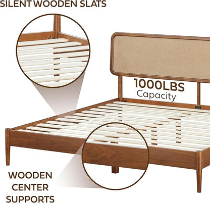 NTC Lupin Wooden Bed Frame with Headboard, Crafted from Walnut, Rubber Wood with Silent Slats and Wood Central Supports, 1000 Lb Capacity, Effortless Assembly, Queen - Dark Walnut