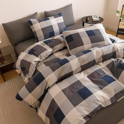 CLOTHKNOW Blue Plaid Queen Comforter Set 3Pcs Gingham Buffalo Bedding Comforter Sets Geometric Comforter Queen Sets with 2 x Pillow Cases