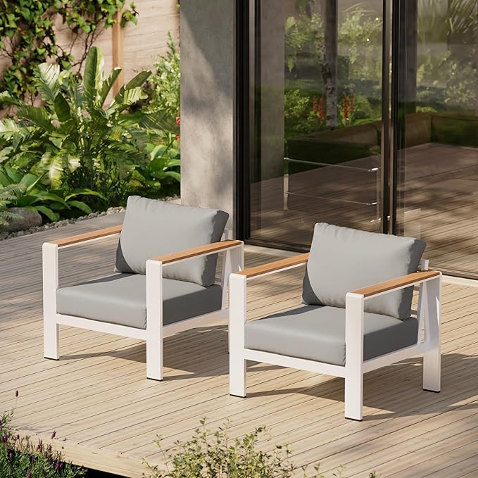 Aluminum Outdoor Patio Furniture chair, All-Weather Outdoor Patio Chair with Washable Thick Cushion, Patio Outdoor Chair Set of 2 for Porch, Balcony, Deck, Yard, White