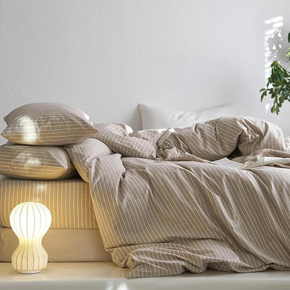MooMee Striped Duvet Cover Set 100% Washed Cotton Linen Like Textured Breathable Durable Soft Comfy (Tannish Linen Grey White Wide Stripes, Alaska King 132"x120")