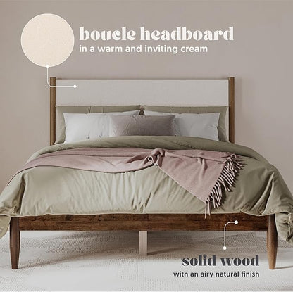 DG Casa Reign Boucle Mid-Century Modern Queen Size Wooden Platform Bed Frame - Upholstered in Cream Boucle - Solid Wood with Walnut Finish