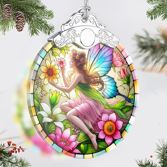 Stained Glass Fairy Christmas Ornaments, Fairy Christmas Tree Decoration, Hanging Xmas Tree Decor