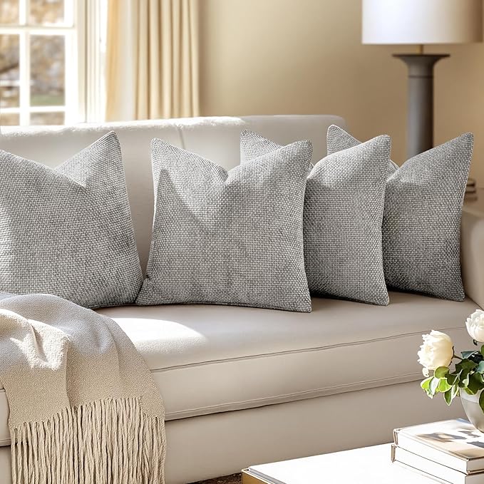 MIULEE Pack of 4 Throw Pillow Covers 18x18 Inch Light Gray Soft Decorative Chenille Pillow Covers Farmhouse Accent Cushion Covers for Boho Home Decor Bedroom Living Room
