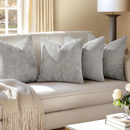 MIULEE Pack of 4 Throw Pillow Covers 18x18 Inch Light Gray Soft Decorative Chenille Pillow Covers Farmhouse Accent Cushion Covers for Boho Home Decor Bedroom Living Room