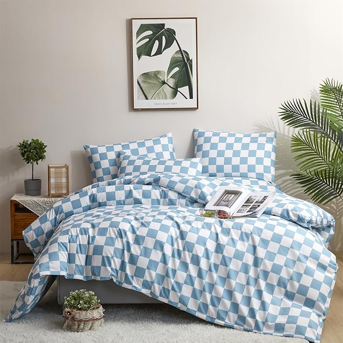 Pureant Blue Plaid Comforter Set - Queen Size Blue Checkerboard Grid Bedding Comforter Set With Soft Checkered Geometric Pattern