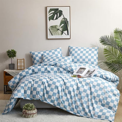 Pureant Blue Plaid Comforter Set - Queen Size Blue Checkerboard Grid Bedding Comforter Set With Soft Checkered Geometric Pattern
