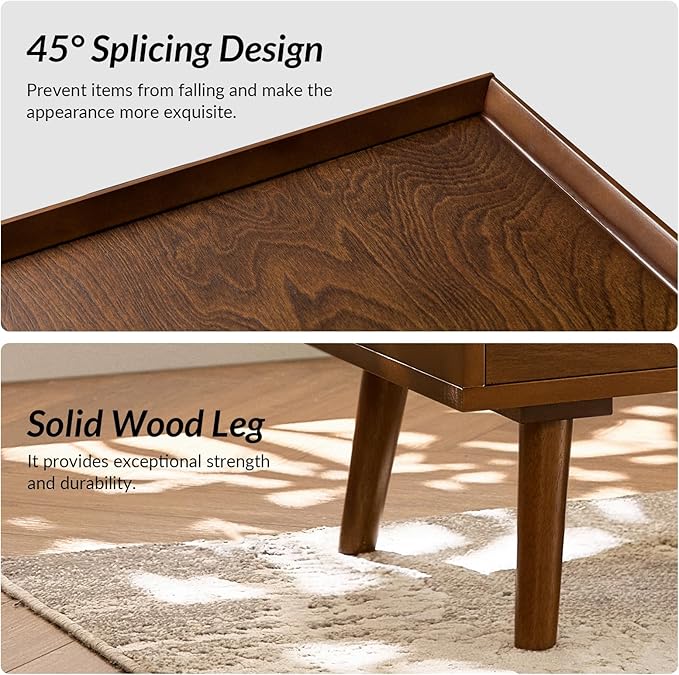 HULALA HOME 2 Drawer Nightstand with Charging Station, Mid-Century Modern Bedside Tables with Wood Legs, Wood Night Stand with Pull-Out Shelf, Walnut