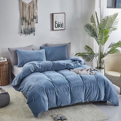 Pureant Blue Fluffy Comforter Set - Velvet Bedding Comforter & Flannel Blankets in Grayish Blue for Twin Size