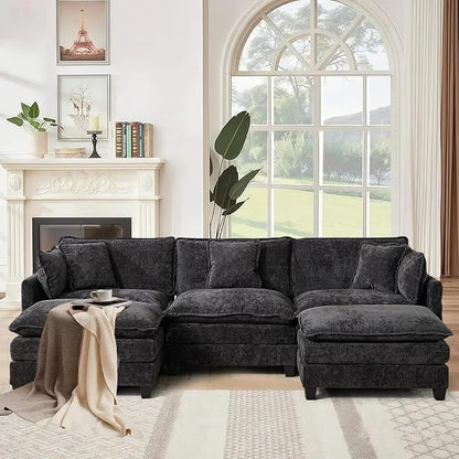 SoarFlash 107.4" Chenille Sectional Sofa, Comfy U Shaped Modular Coush Sofa with Ottoman, Modern 4 Seat Couch Deep Seat Sofa Set for Living Room,Black