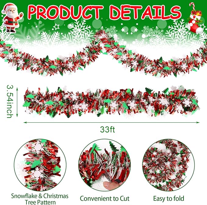LOAVER 33 FT Christmas Tinsel Garland with Snowflake Christmas Tree,Green Red Metallic Tinsel Twist Garland Shiny Hanging Decoration for Xmas Tree Party Supplies Stair Railing Indoor Outdoor Decor