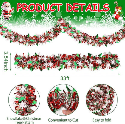 LOAVER 33 FT Christmas Tinsel Garland with Snowflake Christmas Tree,Green Red Metallic Tinsel Twist Garland Shiny Hanging Decoration for Xmas Tree Party Supplies Stair Railing Indoor Outdoor Decor