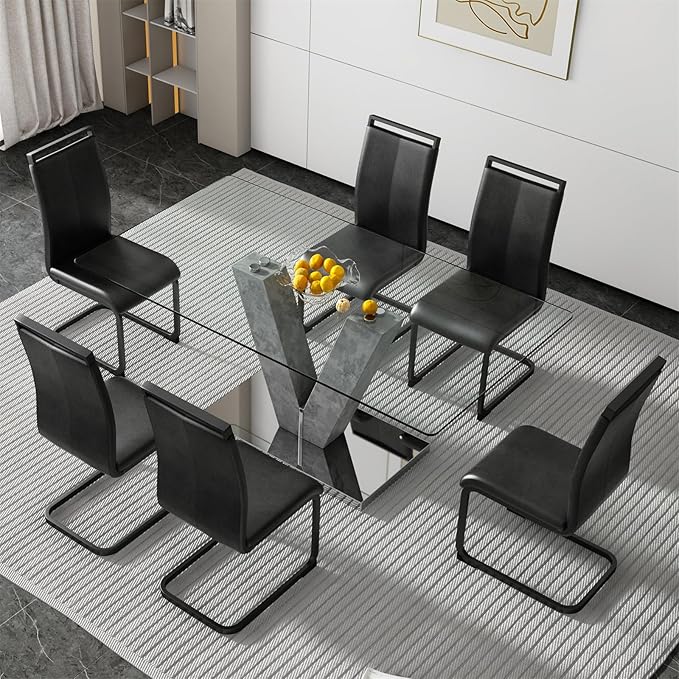 71" Glass Dining Table Set for 6, Kitchen Table and 6 PU Leather Chairs, Dining Table Set Ideal for Living Room