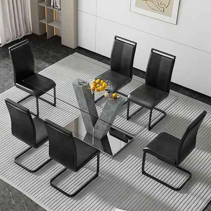 71" Glass Dining Table Set for 6, Kitchen Table and 6 PU Leather Chairs, Dining Table Set Ideal for Living Room