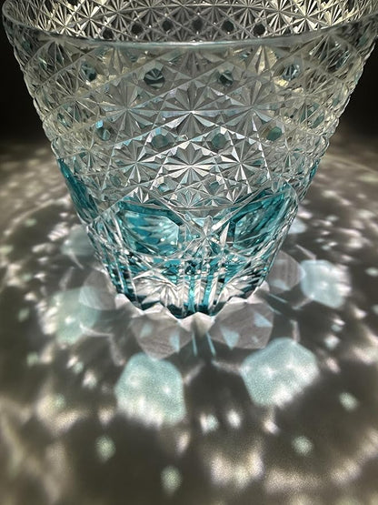 Hand Cut Whiskey Glass Japanese Style Edo Kiriko Inspired Sea Aquamarine Fluorite Tumbler 10oz Lead Free Blown Glass, Blue Design