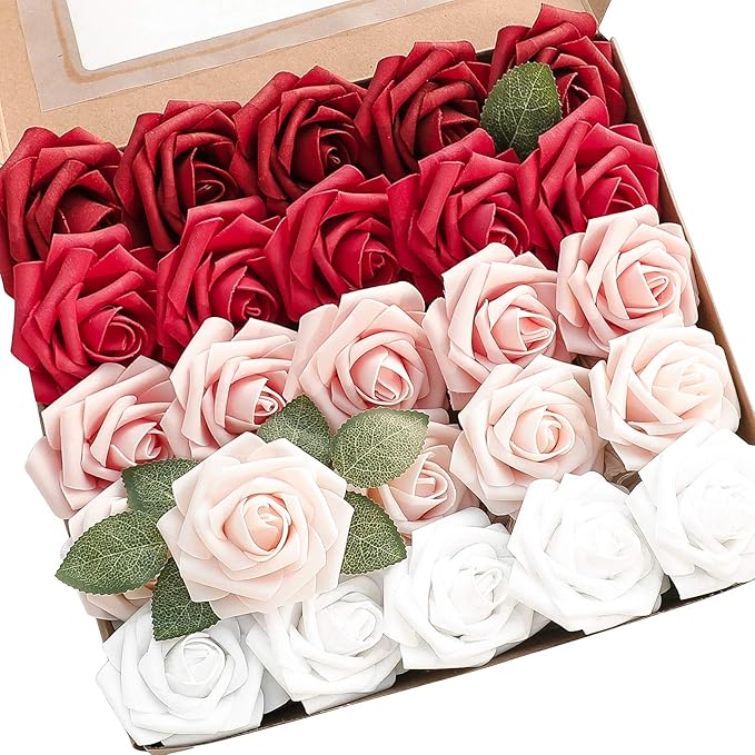 Floroom Artificial Flowers 25pcs Real Looking Dark Red Ombre Colors Foam Fake Roses with Stems for DIY Wedding Bouquets Bridal Shower Centerpieces Floral Arrangements Party Tables Home Decorations