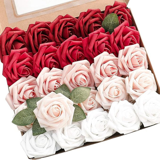 Floroom Artificial Flowers 25pcs Real Looking Dark Red Ombre Colors Foam Fake Roses with Stems for DIY Wedding Bouquets Bridal Shower Centerpieces Floral Arrangements Party Tables Home Decorations