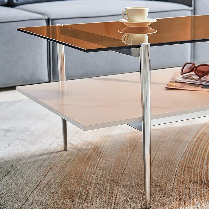 AGV LIGHTING Tadio Glass Coffee Table, Mid-Century Modern Coffee Table for Living Room, Chrome Finish Leg, Coffee Brown Glass Top & Faux Marble Wood Shelf, 41 in
