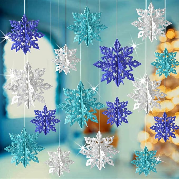 GuassLee Christmas Hanging Snowflakes Decorations, 15pcs 3D Paper Snowflakes Hanging Ornaments Glitter Blue Silver Snowflake Garlands for Winter Wonderland Frozen Christmas Birthday Party Decorations