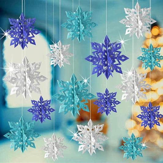 GuassLee Christmas Hanging Snowflakes Decorations, 15pcs 3D Paper Snowflakes Hanging Ornaments Glitter Blue Silver Snowflake Garlands for Winter Wonderland Frozen Christmas Birthday Party Decorations