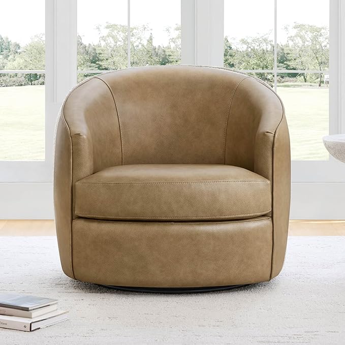 CHITA Genuine Leather Swivel Barrel Chair, Modern Comfy FSC Certified Upholstered Leather Accent Chair for Living Room, Fully Assembled, Mocha