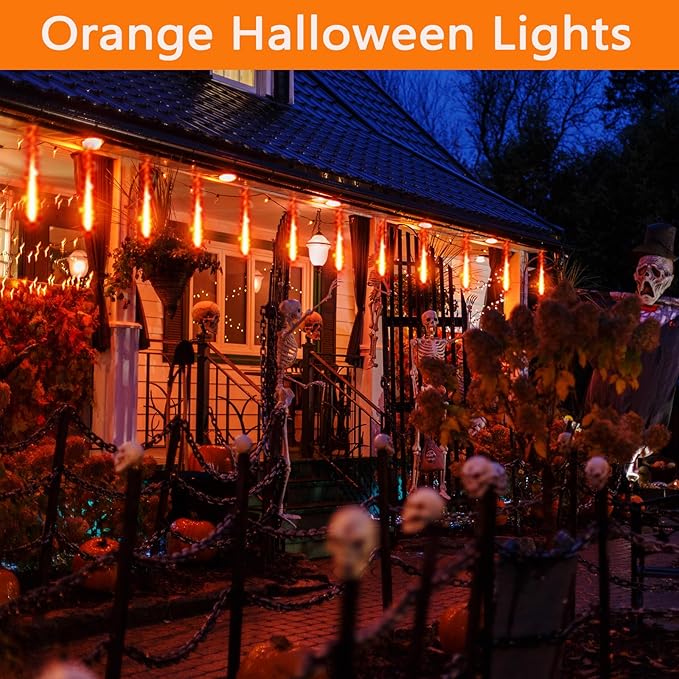 Halloween Lights, 24Tubes(Equivalent to 3 Sets of 8-Tubes) Purtuemy Meteor Shower Orange Lights Icicle String Lights for Halloween Christmas Decorations Tree Party Yard Outdoor Fall Decor, UL Plug
