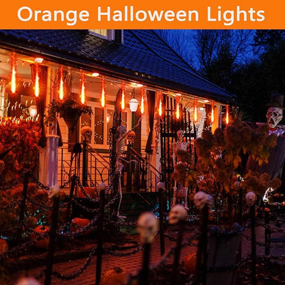 Halloween Lights, 24Tubes(Equivalent to 3 Sets of 8-Tubes) Purtuemy Meteor Shower Orange Lights Icicle String Lights for Halloween Christmas Decorations Tree Party Yard Outdoor Fall Decor, UL Plug