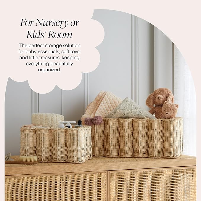 BEBE BASK Unique Wavy Scalloped Basket Set Of 2 - Scallop Basket - 16 x 10 x 7 In - Hand-Woven Elegant Wicker With Scalloped Edge Lid - Nursery Storage - (Earthy)