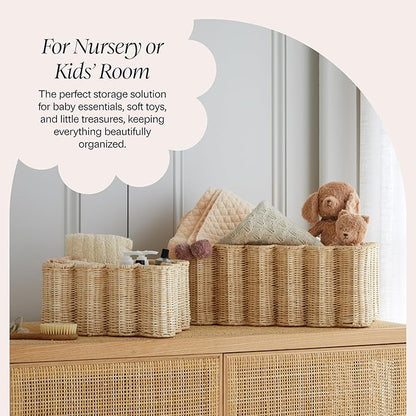 BEBE BASK Unique Wavy Scalloped Basket Set Of 2 - Scallop Basket - 16 x 10 x 7 In - Hand-Woven Elegant Wicker With Scalloped Edge Lid - Nursery Storage - (Earthy)