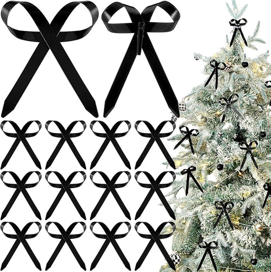 12 Pcs 2025 Metal Christmas Bow Ornaments for Christmas Tree Garland Wreath Bulk Bow with Clip Ornament Vintage Indoor Outdoor Home Xmas Party Decorations, 4 x 5 Inches (Black)
