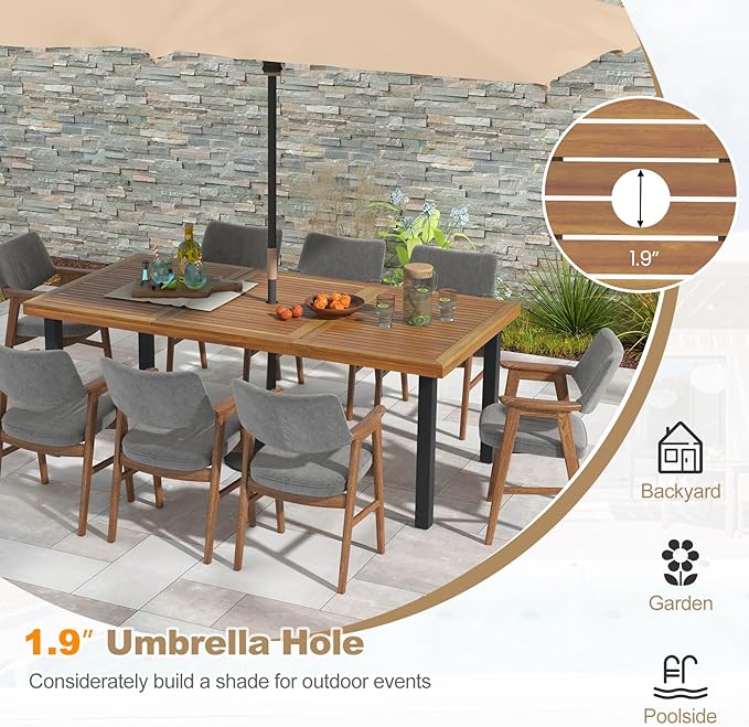Tangkula 79 Inch Acacia Wood Dining Table, 8-Person Patio Table for Outdoors & Indoors, Rustic Rectangular Bistro Table with 1.9” Umbrella Hole, Metal Legs & Adjustable Foot Pads