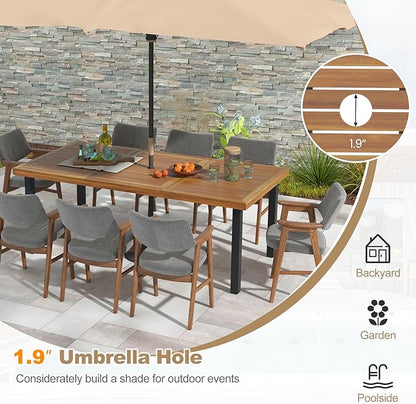Tangkula 79 Inch Acacia Wood Dining Table, 8-Person Patio Table for Outdoors & Indoors, Rustic Rectangular Bistro Table with 1.9” Umbrella Hole, Metal Legs & Adjustable Foot Pads