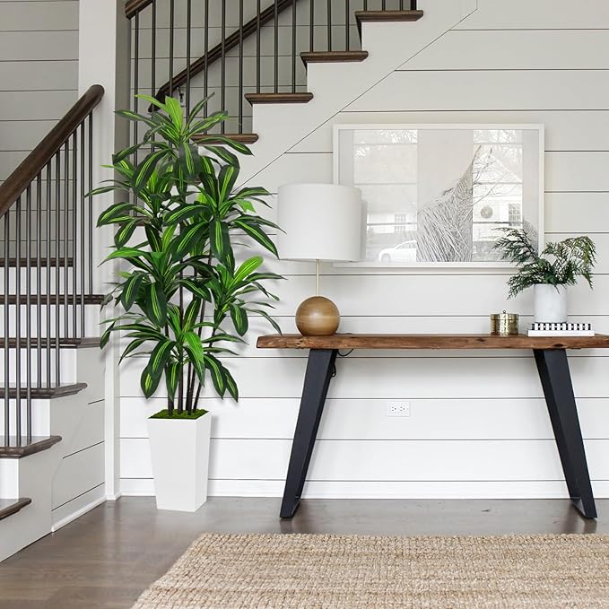 Artificial Dracaena Plant 6FT - Fake Tree with White Tall Planter - Faux Yucca Tall Fake Floor Plant in Pot - Artificial Trees for Home Office Living Room Decor Indoor